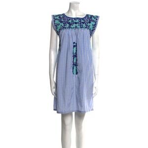 Mi Golondrina Tent Dress Blue Plaid Print Embroidered Accent Short Sleeve Small